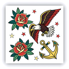 The image you’ve uploaded is a vibrant collection of vintage tattoo flash designs, featuring traditional American tattoo motifs such as roses, hearts, daggers, wings, keys, and banners with words like
