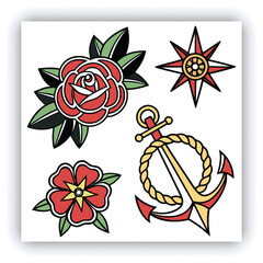 The image you’ve uploaded is a vibrant collection of vintage tattoo flash designs, featuring traditional American tattoo motifs such as roses, hearts, daggers, wings, keys, and banners with words like