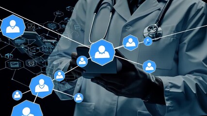 Digital Healthcare: Doctor using tablet with network of patient data - Powered by Adobe