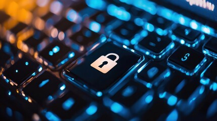A computer keyboard with a padlock icon on the key, illuminated by blue and orange lights.