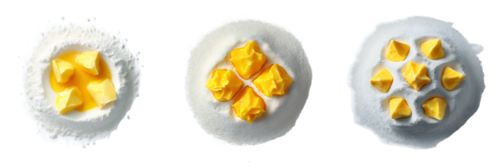 Set of various flour with partially covered pieces of cold butter isolated on transparent background