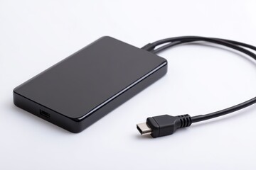 Black External Hard Drive with USB Cable on a White Background, Tech Storage Data