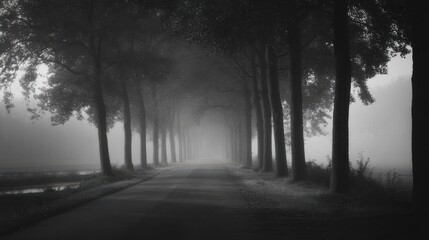 Fototapeta premium Eerie road view lined with tall trees disappearing into dense fog in monochrome