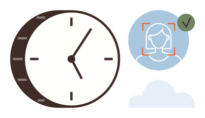 Analog wall clock with a profile recognition checkmark over a woman s face silhouette surrounded by a cloud, emphasizing time scheduling and security. Ideal for timekeeping, attendance, workforce