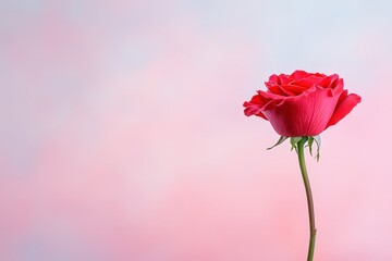 Obraz premium Beautiful Red Rose Isolated on Soft Pastel Background with Subtle Gradient of Pink and Blue Creating a Serene and Romantic Atmosphere for Your Design Needs