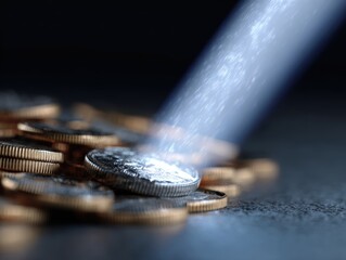 Conceptual image: A light beam from a digital device illuminating a pile of coins, digitalizing wealth. Transformation, modern. Luminous, symbolic.