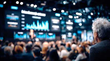 Naklejka premium Large Audience at Financial Conference – Business Report and Presentation Scene, emphasizing themes of professional learning, financial strategy, corporate communication, and knowledge sharing