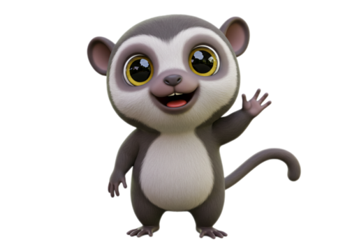 Animated gray lemur waving hand with happy expression and big yellow eyes