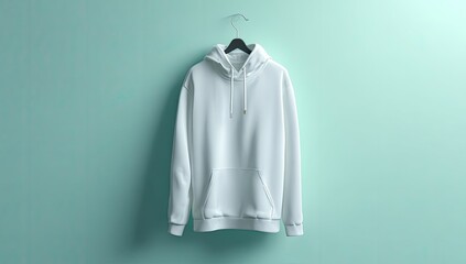 White hoodie hangs on a black hanger against a mint-green wall (1)