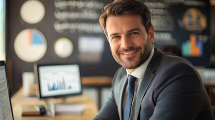 A smiling businessman in a suit with a beard, sitting at a desk with a computer and a blackboard in the background.