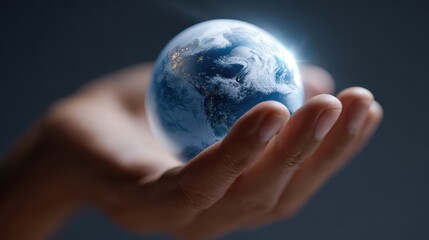 Conceptual image: A hand gently holding a small globe, symbolizing global environmental responsibility. Stewardship, care. Delicate, glowing.