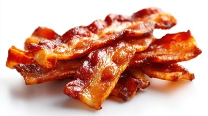 An enticing image of sizzling crispy bacon strips arranged on a clean white background, highlighting their rich caramelized color and texture, evoking appetite and indulgence.