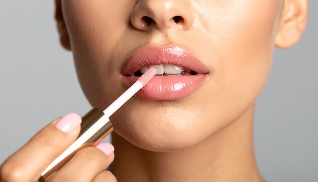 Close-up of woman applying lip gloss - Powered by Adobe