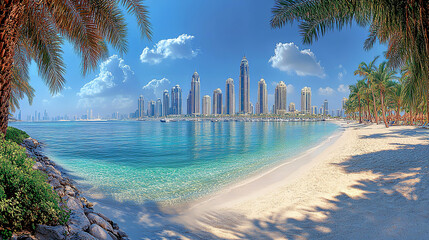 Iconic view of Modern Middle East city line with skyscrapers and white sand beach with blue water, panorama Doha city