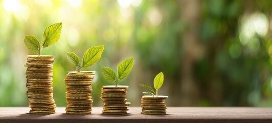 The Growing Investment of Coins with Green Leaves Representing Prosperity.