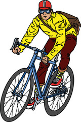 Obraz premium adult courier on bicycle with helmet and backpack color line art illustration. isolated on white background