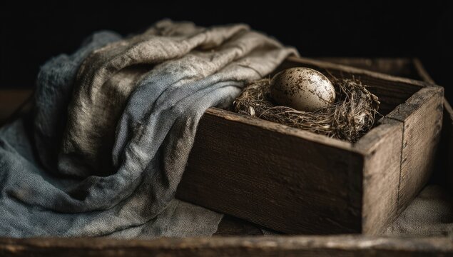 A weathered wooden crate, draped with a muted fabric, cradles a speckled egg