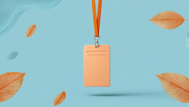 Pastel-toned lanyard with blank id card, autumnal leaves