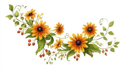Watercolor Garland of Orange Sunflower Flowers and Berries on a White Background