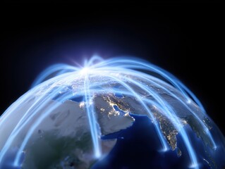Conceptual image: A globe with interconnected glowing pathways of trade and investment, globalized economy. Interdependence, flow. Blue, intricate.