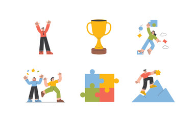 Conceptual illustration of success, achievement, teamwork, and career growth with a gold cup, puzzle, and people climbing for a bright future.