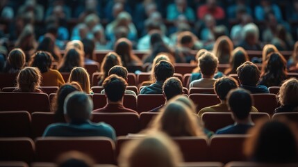 Obraz premium Audience seated in a theater or conference room, with blurred faces and a focus on the audience members.