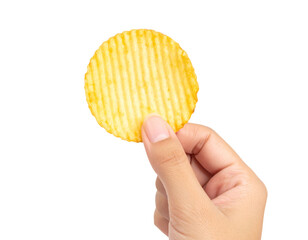 Hand Holding a Single Ridged Potato Chip with Bite Mark, Isolated PNG