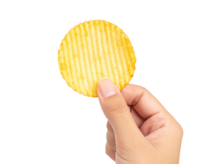 Hand Holding a Single Ridged Potato Chip with Bite Mark, Isolated PNG