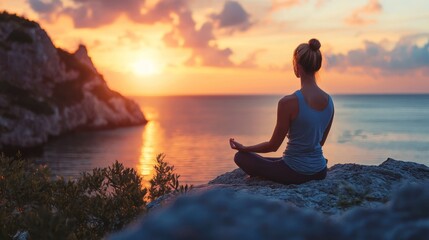 A woman meditating on a rocky cliff overlooking the ocean at sunset.