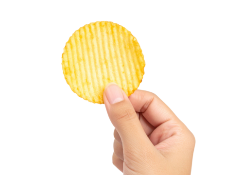 Hand Holding a Single Ridged Potato Chip with Bite Mark, Isolated PNG