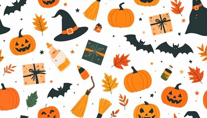Halloween themed hand drawn seamless pattern, spooky colored ornament of pumpkins, 
