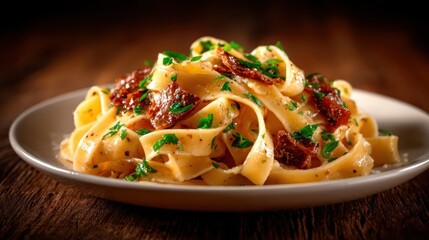 A stylish dish of fettuccine pasta adorned with sun-dried tomatoes and fresh herbs, representing the elegance and simplicity of Italian-inspired culinary delights.