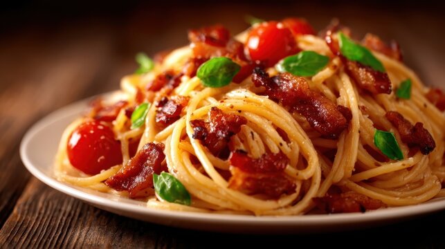 A visually appealing plate of spaghetti topped with crispy bacon and fresh cherry tomatoes, creating a delightful culinary experience that is rich in flavor and comfort.