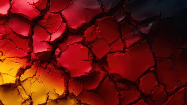 A striking abstract piece showcasing a vibrant mix of red and yellow hues with intricate cracked patterns, evoking emotions and thoughts through its artistic expression.