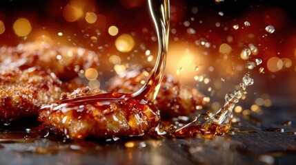 A close-up capture of golden sauce pouring over crispy fried chicken wings, showcasing delicious textures and vibrant colors against a blurred warm background.