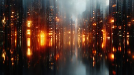 An abstract depiction of a futuristic city, showcasing a blend of skyscrapers shrouded in mist and illuminated by sparkling lights reflecting on water below.