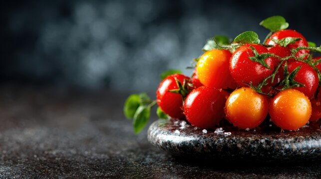 A vibrant arrangement of glossy cherry tomatoes, displaying their fresh hues and glistening water drops, embodying the essence of healthy eating and freshness.