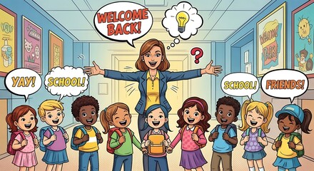 Cartoon illustration of teacher welcoming students back to school in a cheerful school hallway