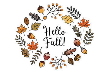 Autumn wreath with Hello Fall text and acorns leaves