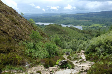A view from Ben A’an path, looking towards Loch Achray, Loch Lomond and Trossachs National Park,...