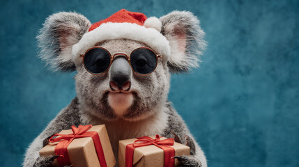 Koala wearing Santa hat holding gift boxes. Christmas holiday concept.
