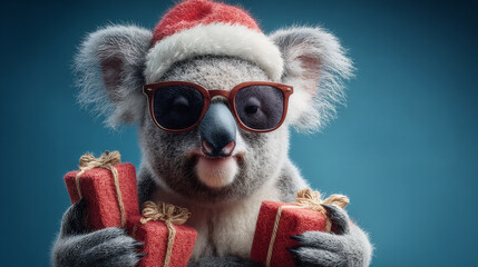 Koala in Santa hat and sunglasses holding gifts. Christmas holiday concept.