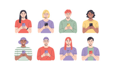 Diverse Group of People Using Smartphones, Communication and Technology Concept, Vector Illustration with White Background, Connectivity and Social Networking