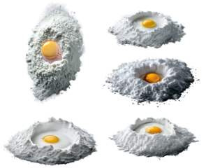 Collection of various top view of flour with one yolk in the center isolated on transparent background