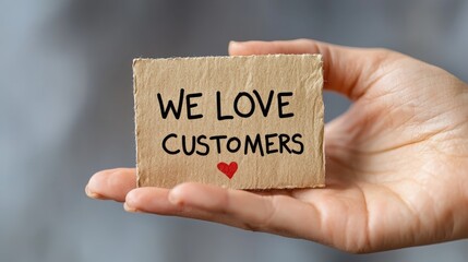 Handmade card with joyful message "We Love Customers" held in a hand showcasing appreciation and positive customer service culture in business.