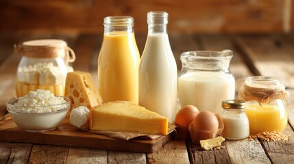 Variety of fresh dairy products arranged on a wooden table, bathed in warm natural light.