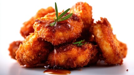 A close-up of crunchy, golden-brown fried snacks stacked high, drizzled with a savory sauce, creating a mouth-watering appeal perfect for food enthusiasts and snack lovers alike.