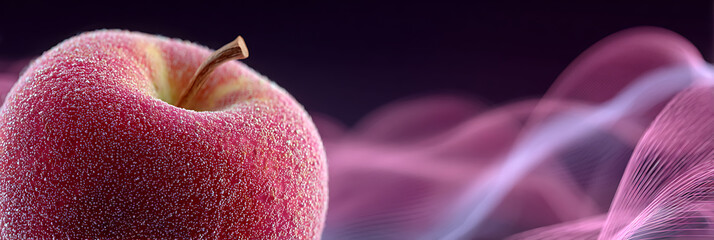 Close up of red apple with abstract pink vapor on dark background