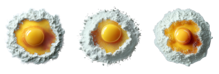 Set of various top view of flour with one yolk in the center isolated on transparent background