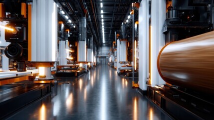 A modern industrial warehouse filled with state-of-the-art robotic systems and advanced technology, reflecting the future of manufacturing and automation in industry.